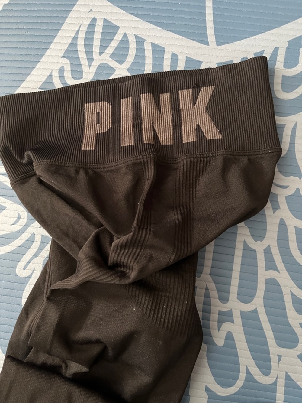PINK Victoria's Secret Black Leggings with Light Pink Logo Waistband